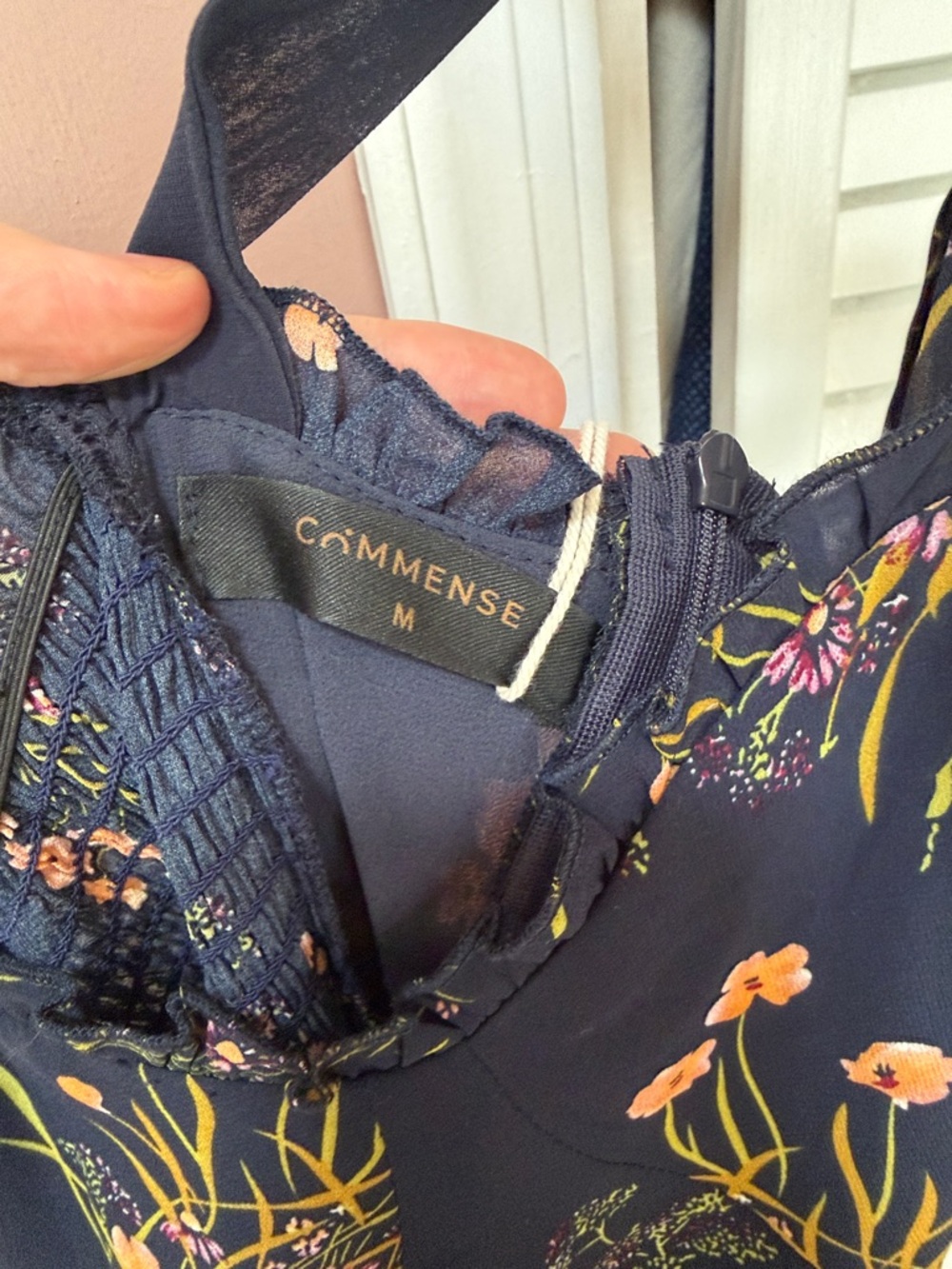 Should ties; Commense Navy Floral Dress with Olive and Pink Accents - Picture 3 of 5